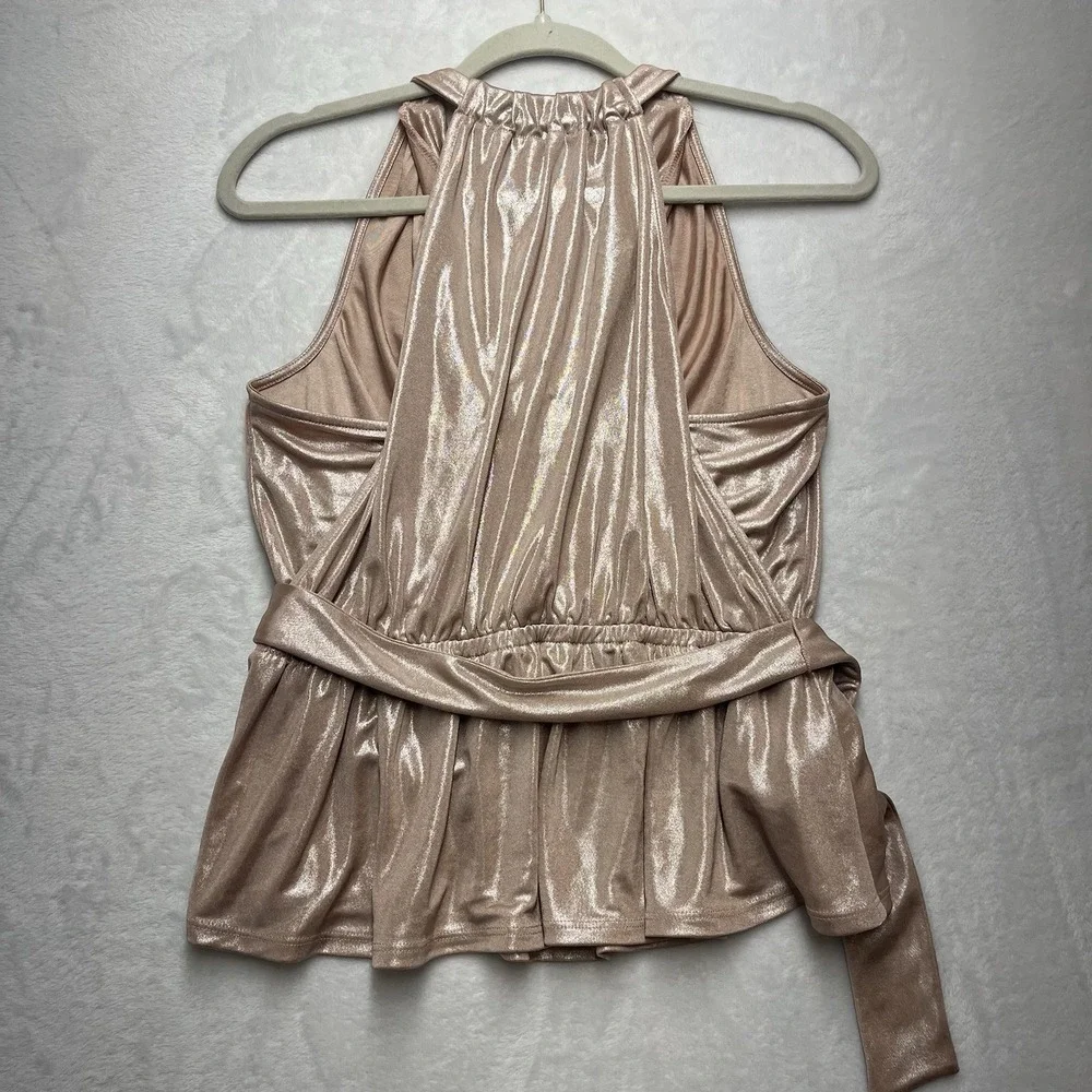 Express Metallic Rose Gold Draped Neck Peplum Top Womens Small NYE Party NEW - Picture 6 of 6